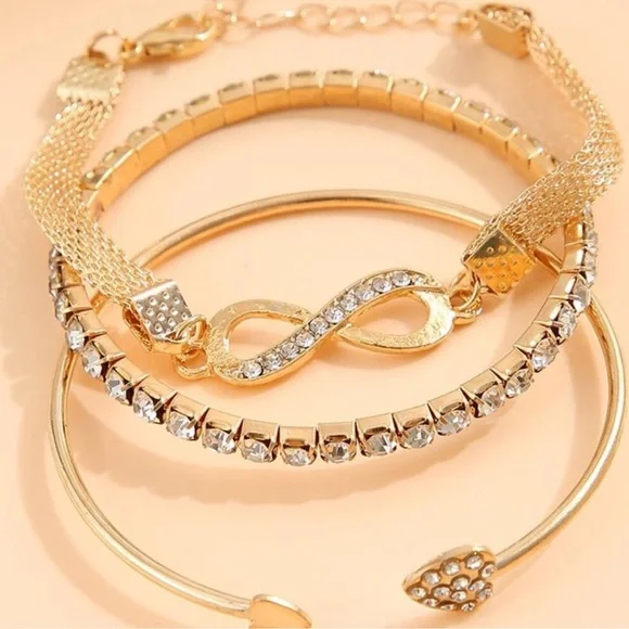 NWT Boho Rhinestone Stackable Gold Bracelet 3 Piece Set - Picture 3 of 4